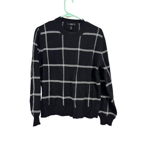 Aqua Cashmere Black and White Windowpane Crew Sweater Size Small 100% Cashmere - Picture 1 of 5